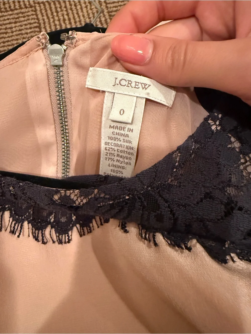 J. Crew Blush Pink Satin Tank with Black Lace Yoke